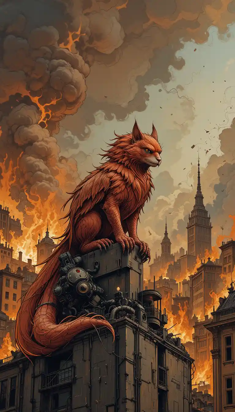 Firefox standing on a rooftop above a burning city
