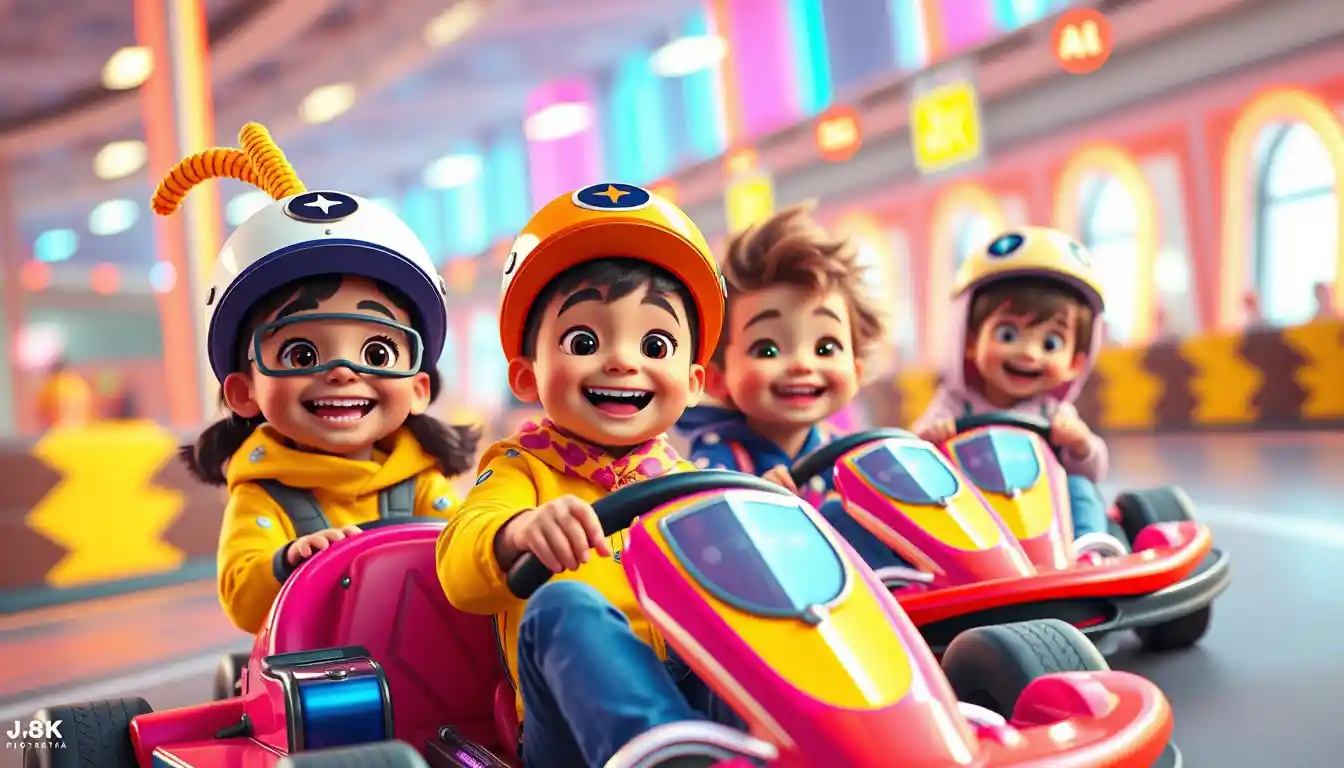 Smiling kids racing go karts through neon Dubai streets