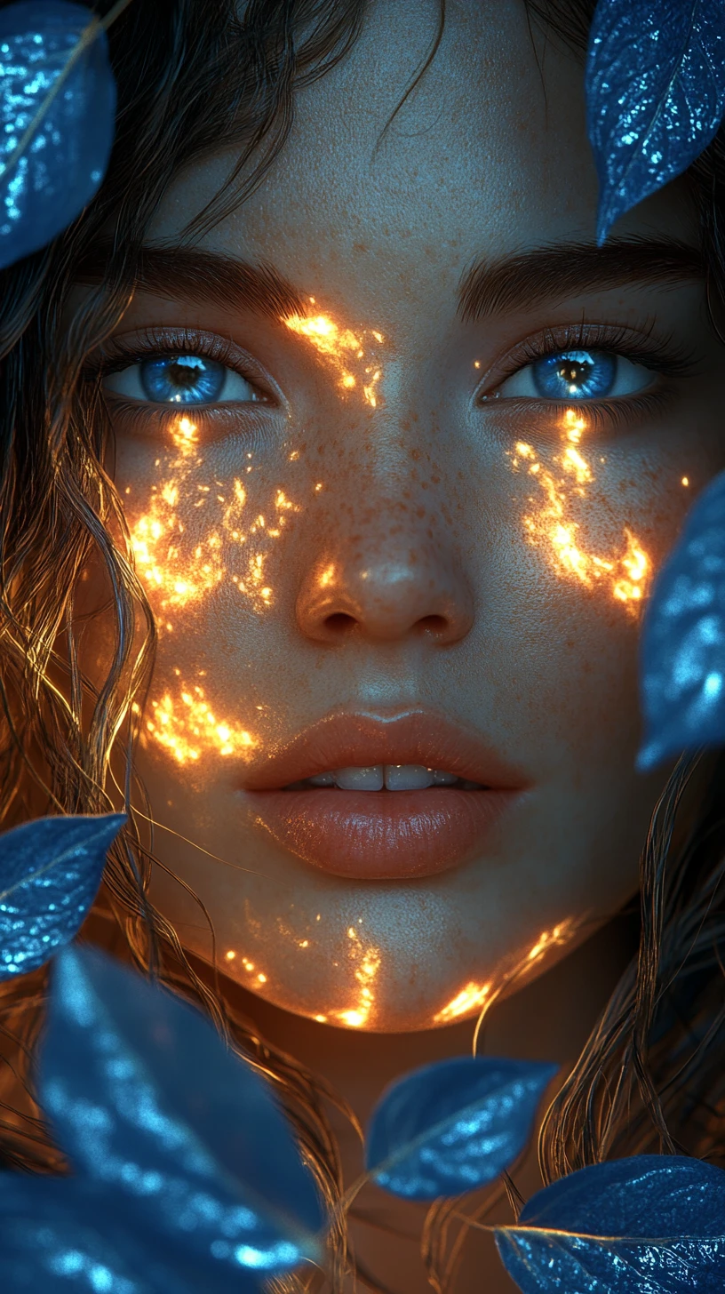Ethereal Woman Framed By Blue Leaves In Fantasy Jungle