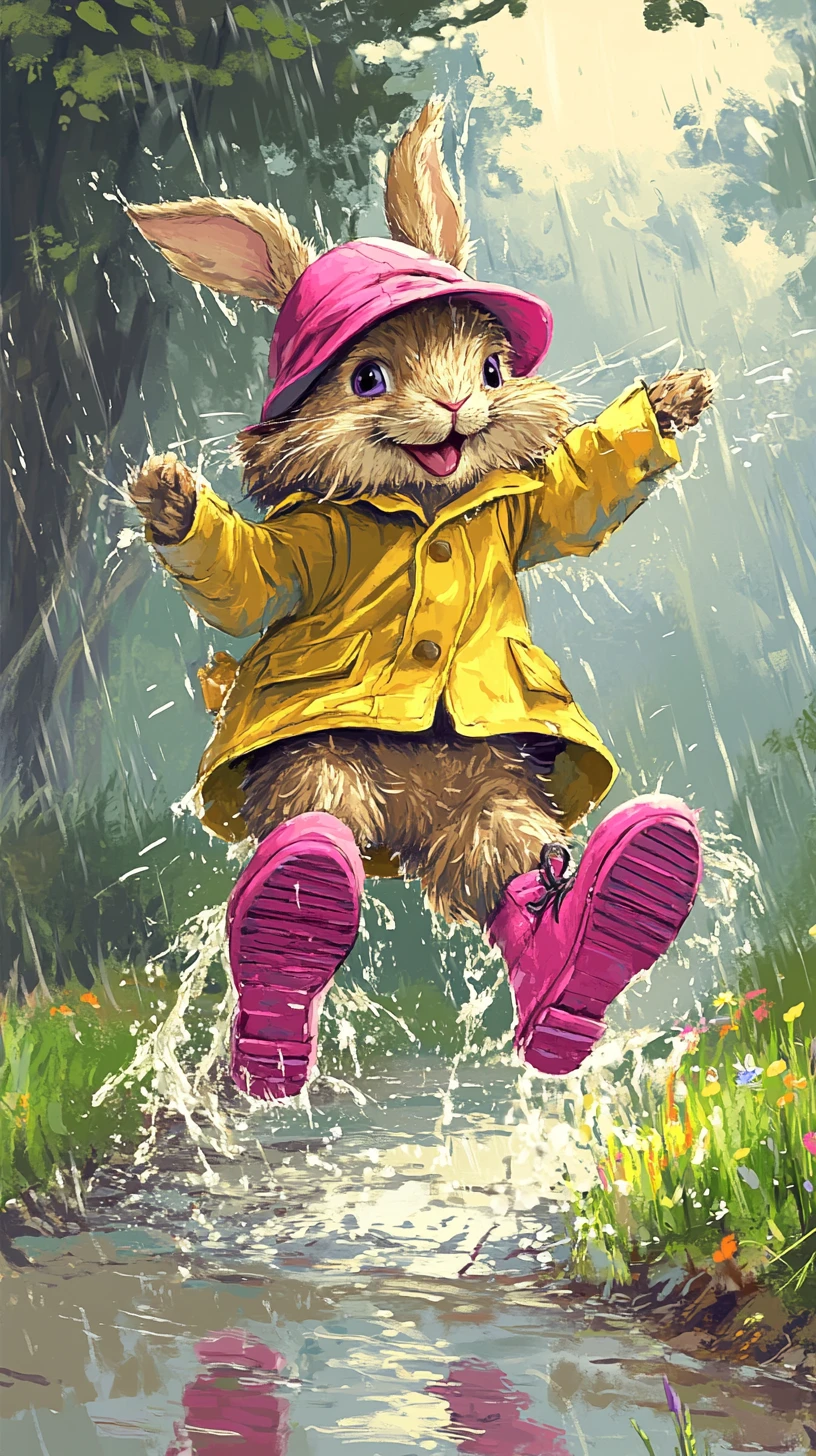 Shaggy rabbit in raincoat jumping into a bright puddle