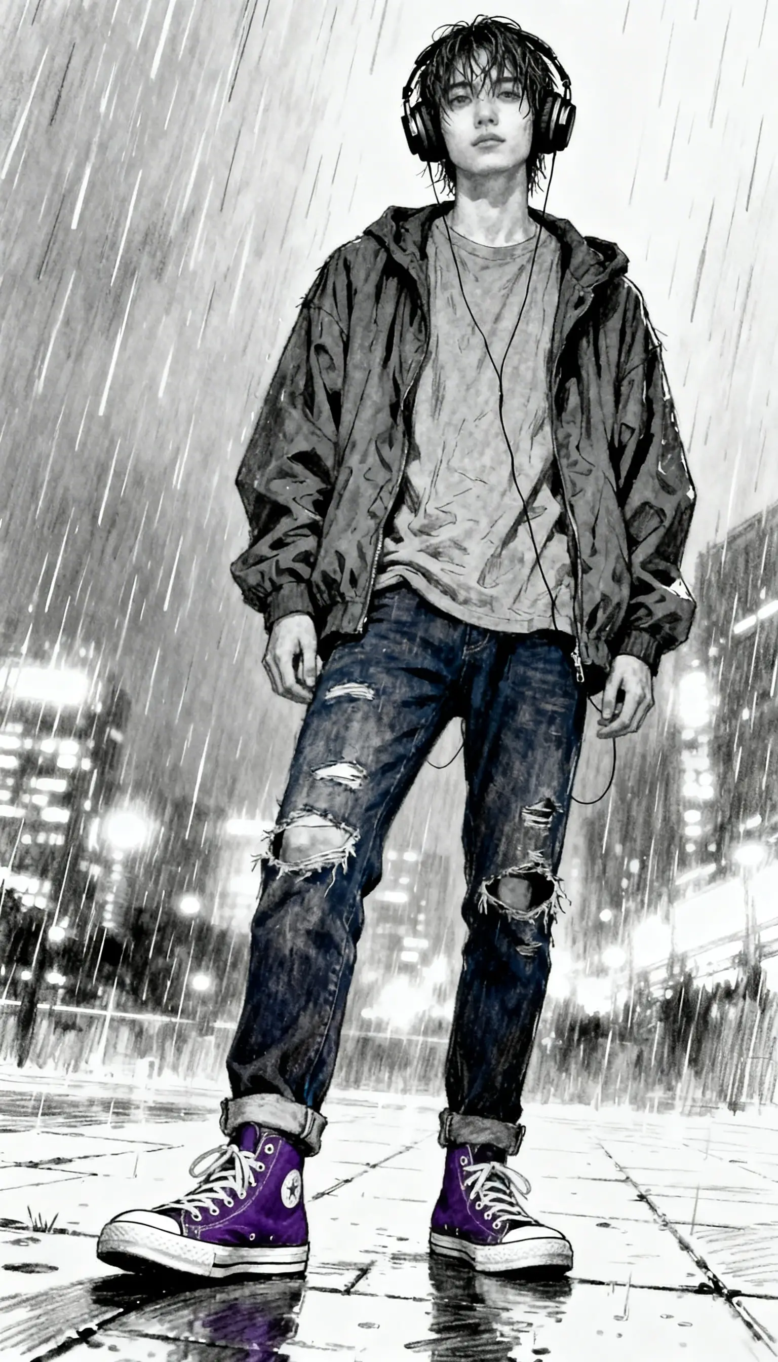 Young man in the rain on a moody city street