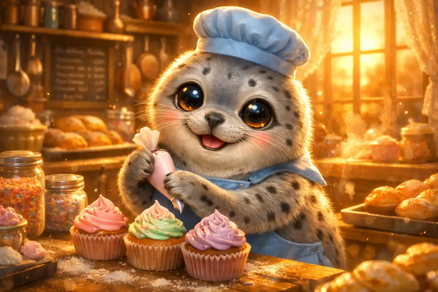 Niedliches Robbenbaby dekoriert Cupcakes in einer warmen Bäckerei