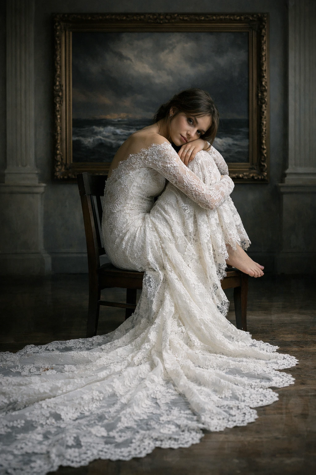 Bride in lace gown seated by stormy seascape painting