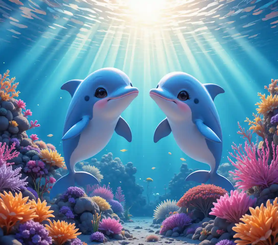 Playful dolphins in a luminous underwater coral paradise