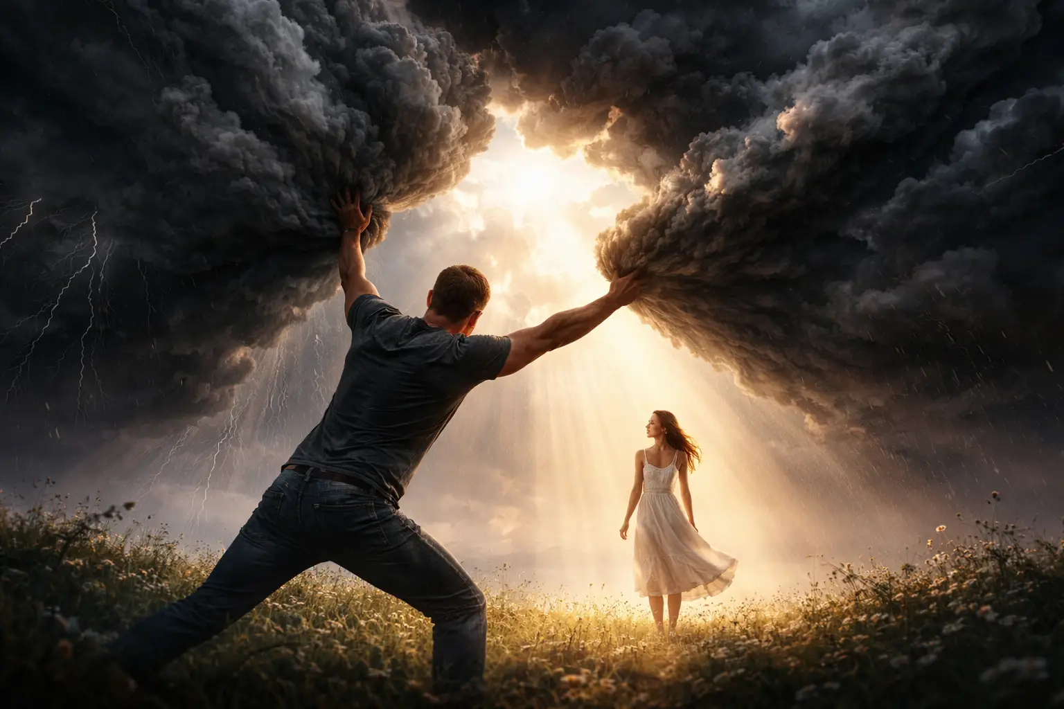 Man Holding Back Storm Clouds To Protect His Loved One