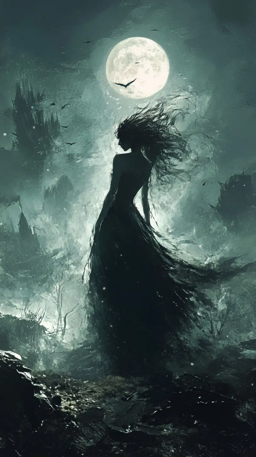Heartbroken woman in a dreamy sunset fantasy landscape
