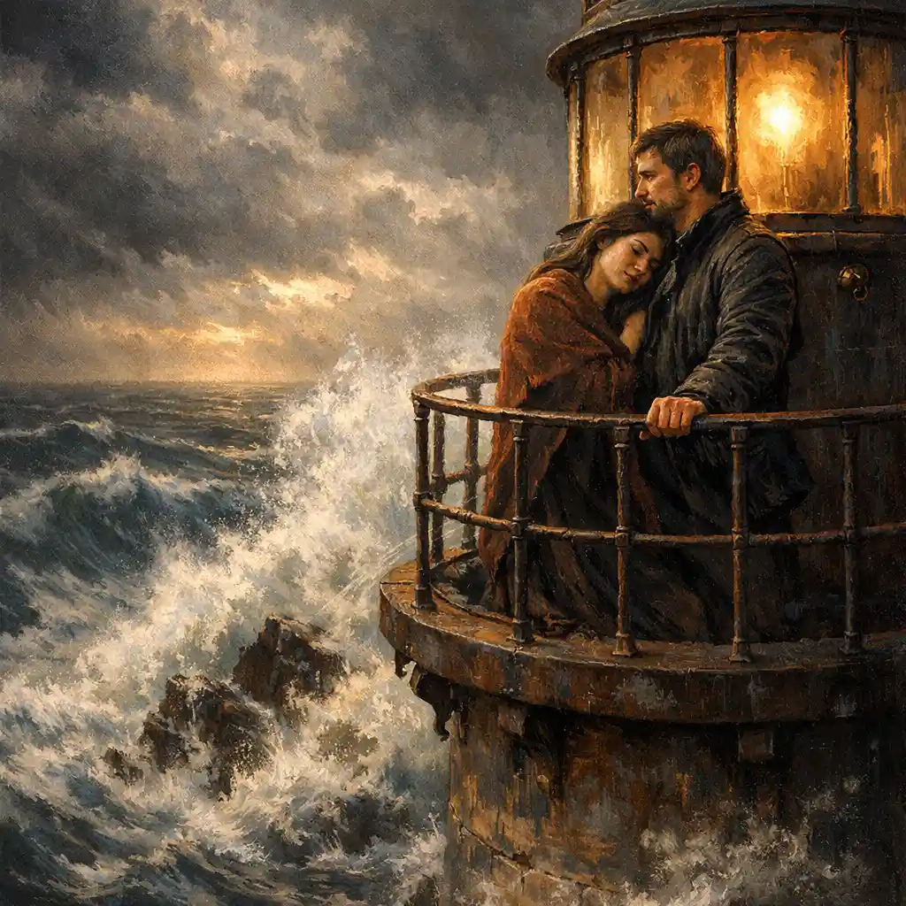 Couple on lighthouse balcony above stormy crashing waves