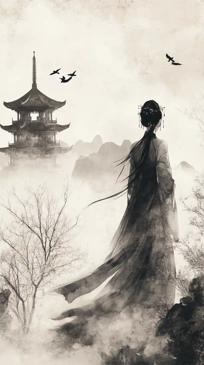 Mujer etérea con hanfu ante montañas brumosas y pagoda