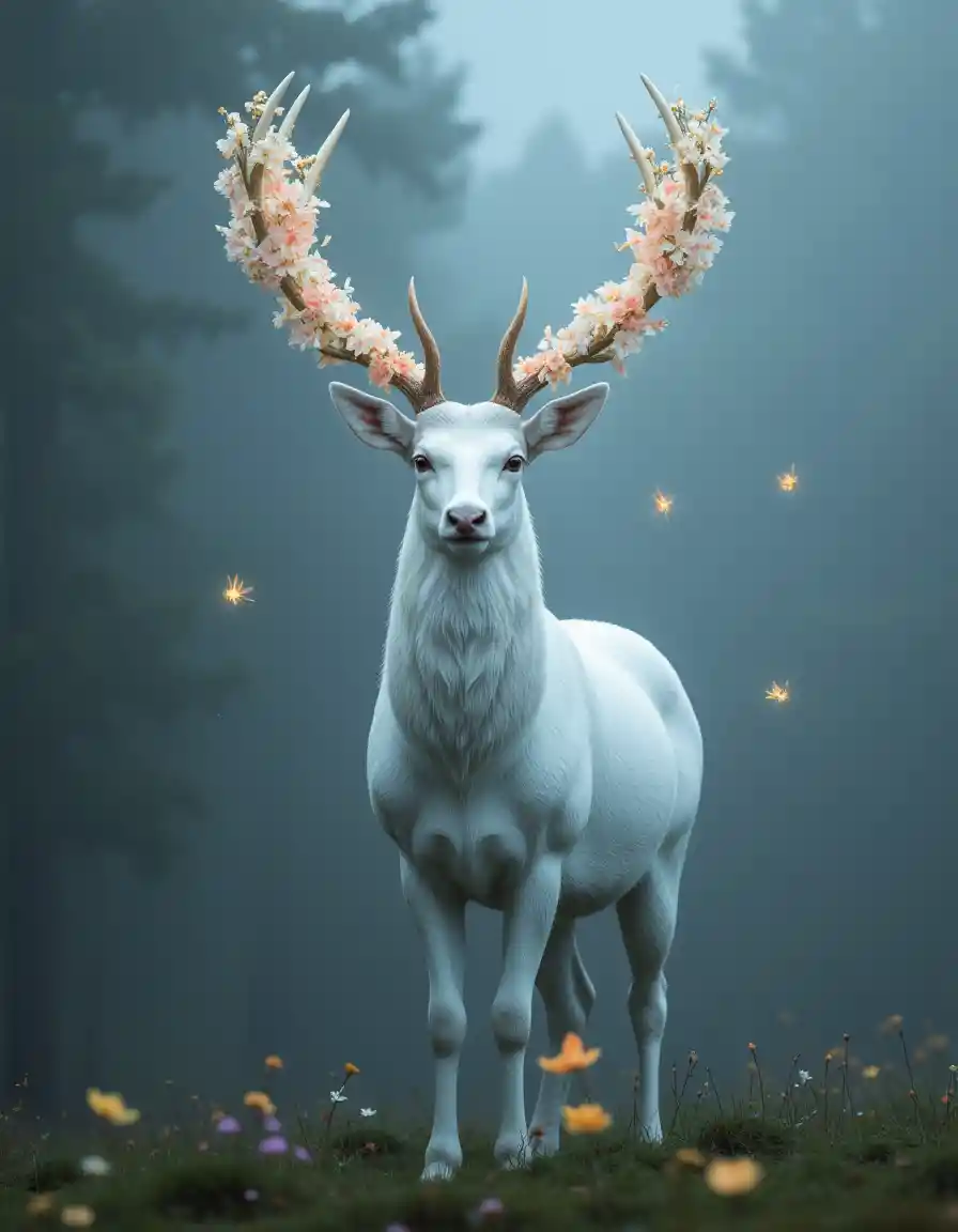 White stag with floral antlers in a misty forest clearing