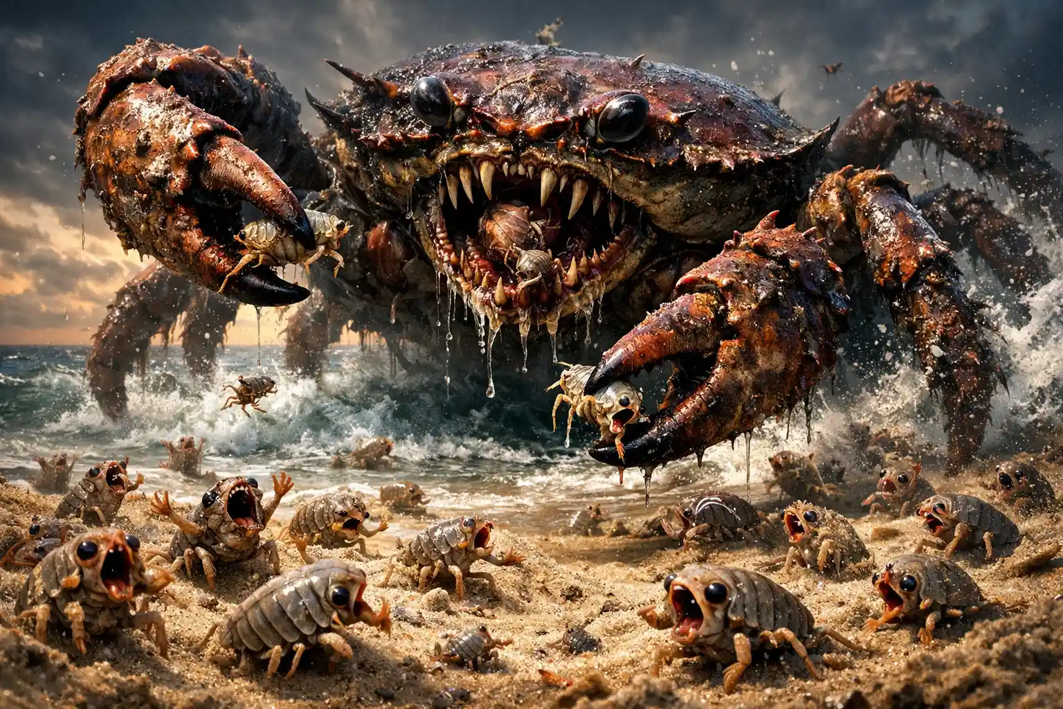 Terrifying crab emerging from the ocean onto a sandy beach