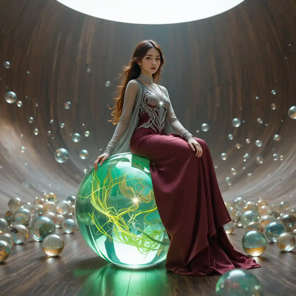 Young woman on glowing glass marble in wooden bowl