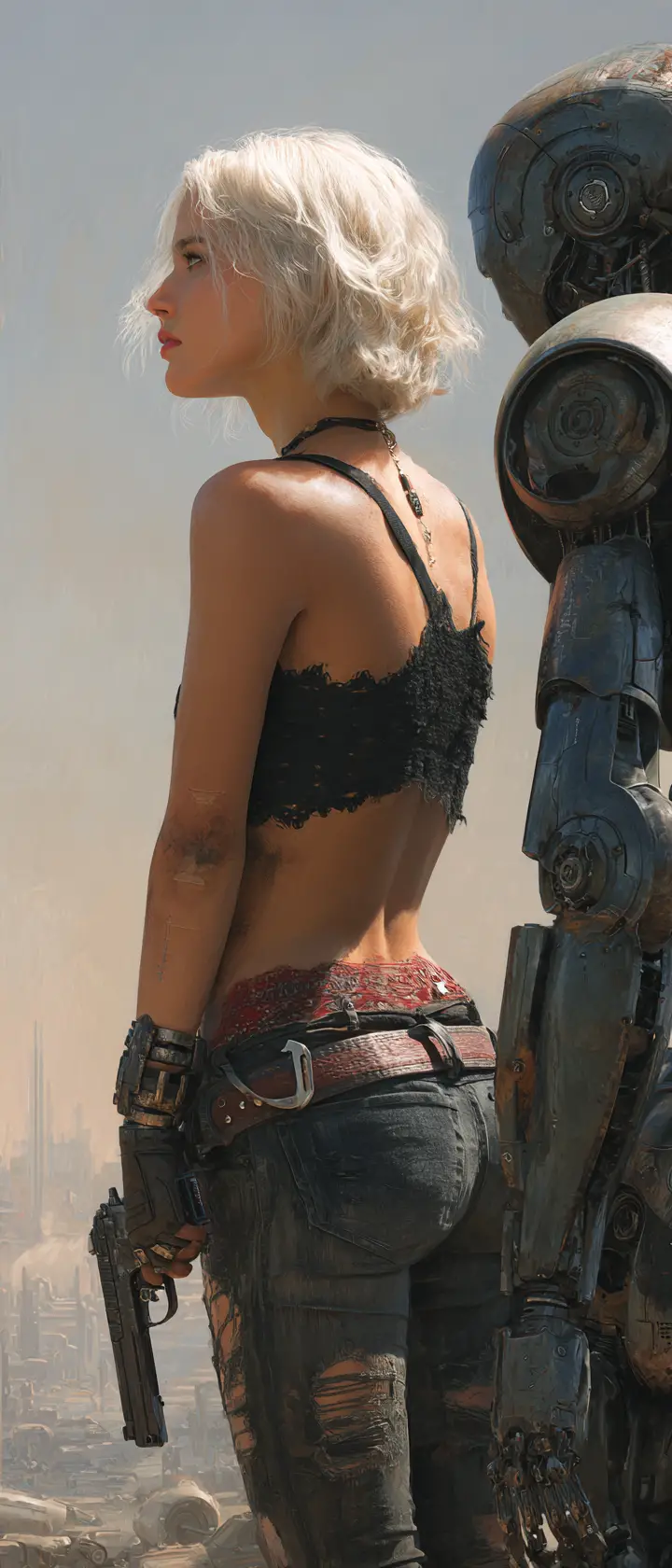 Armed sci fi woman with android in ruined cityscape