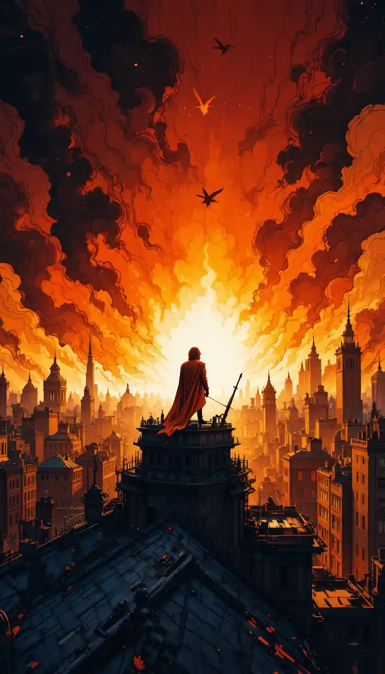 Firefox standing on a rooftop above a burning city