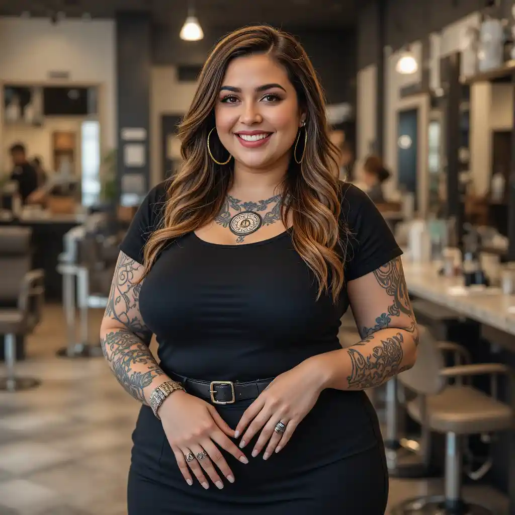 Selbstbewusste Plus-Size-Friseurin lächelt in modernem Salon