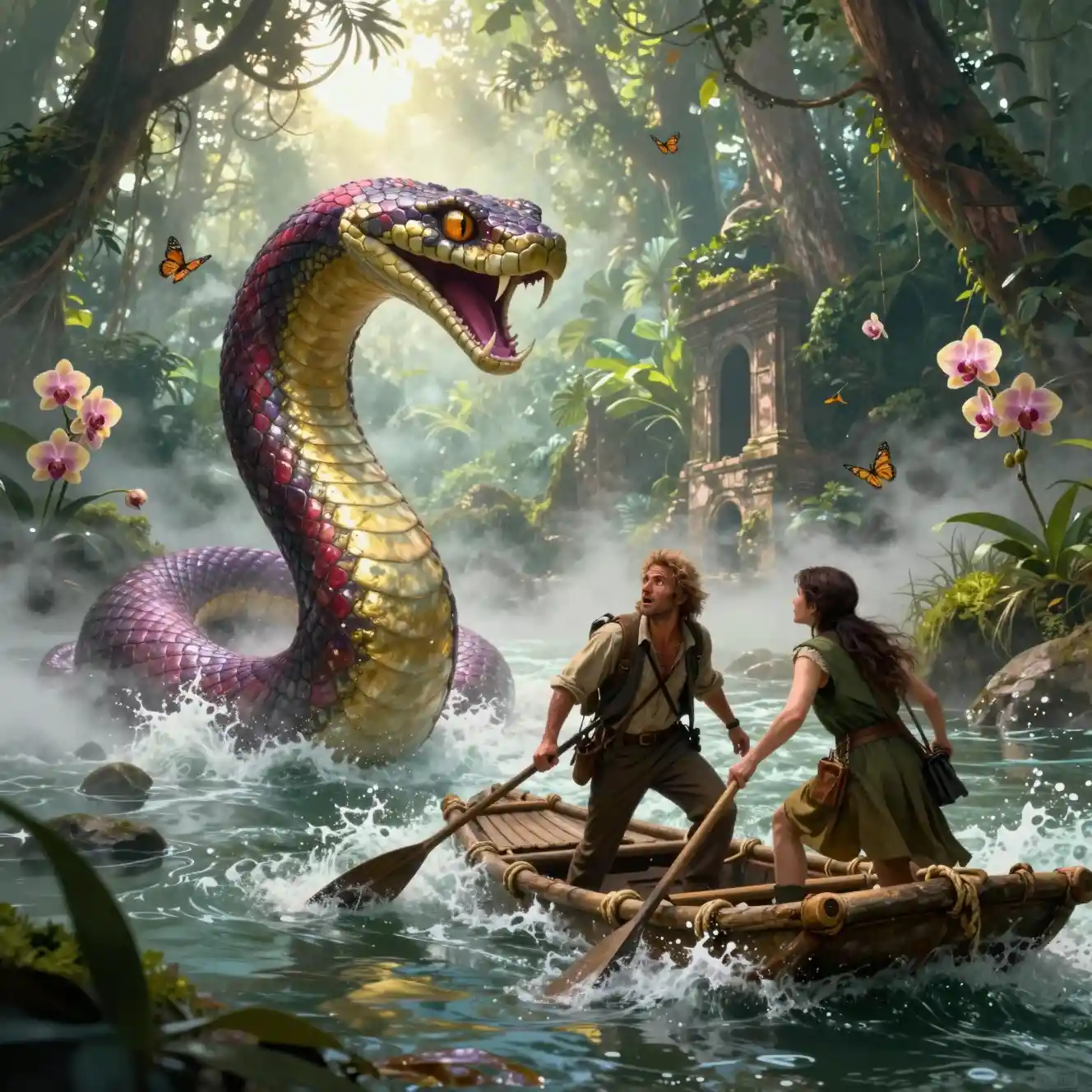 Explorer and rogue confront colossal serpent on jungle river