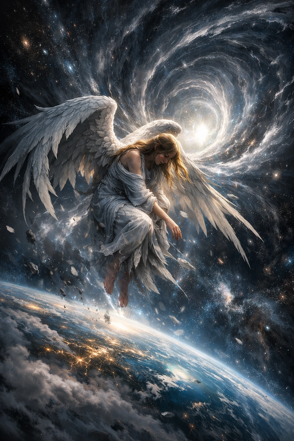Melancholic angel drifting away from Earth into space