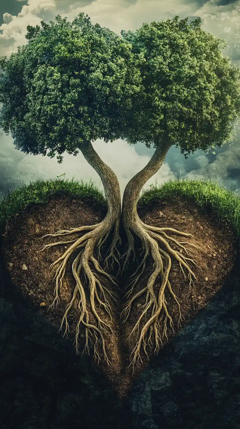 Two trees with heart shaped intertwined roots underground