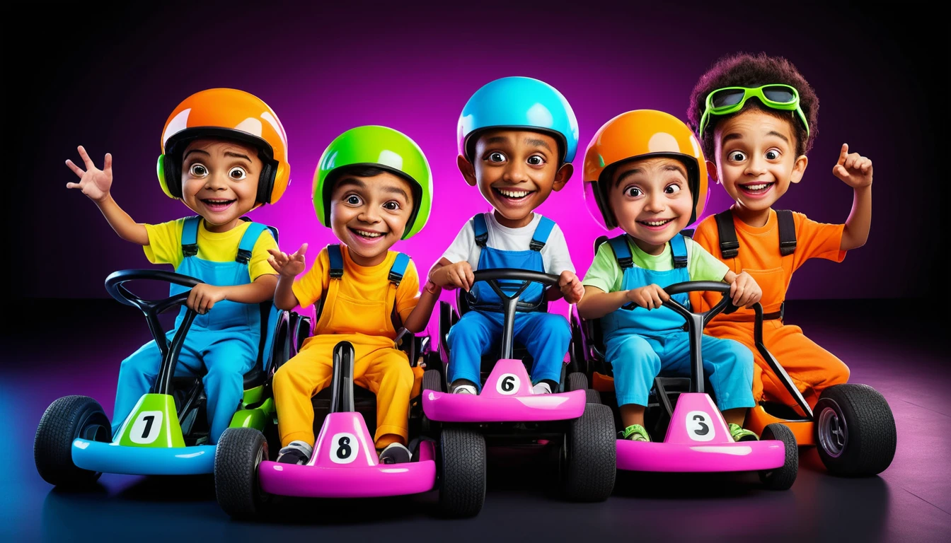 Multicultural kids racing go karts through neon city streets