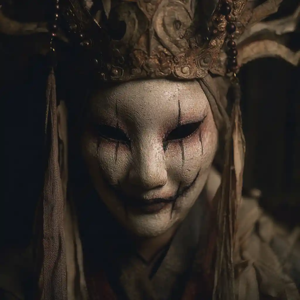 Cursed porcelain empress behind a ruined dragon throne