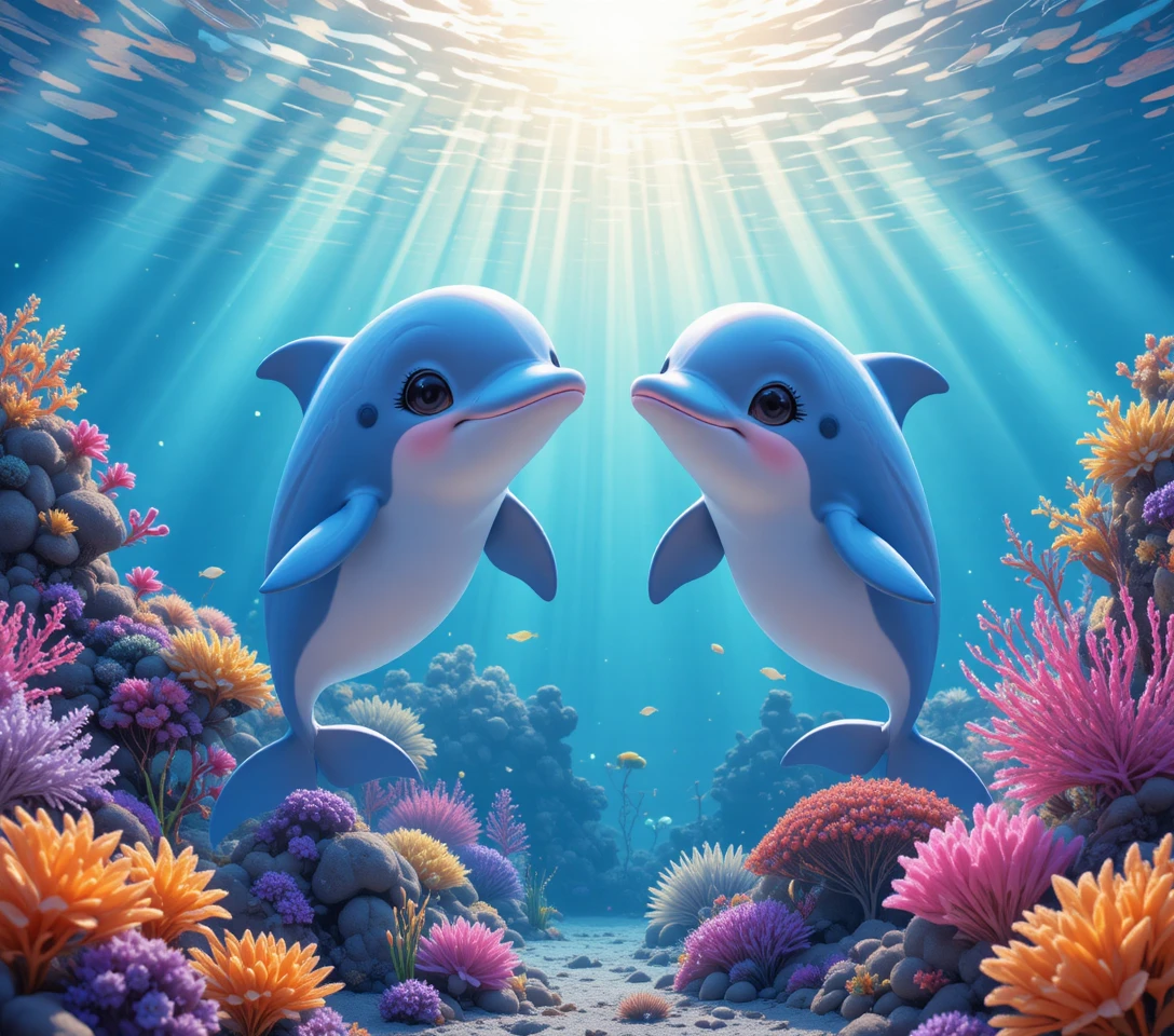 Playful dolphins in a luminous underwater coral paradise
