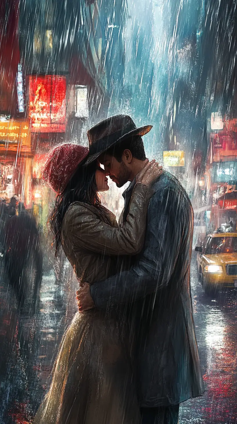 Romantic couple kissing under rain on a city street