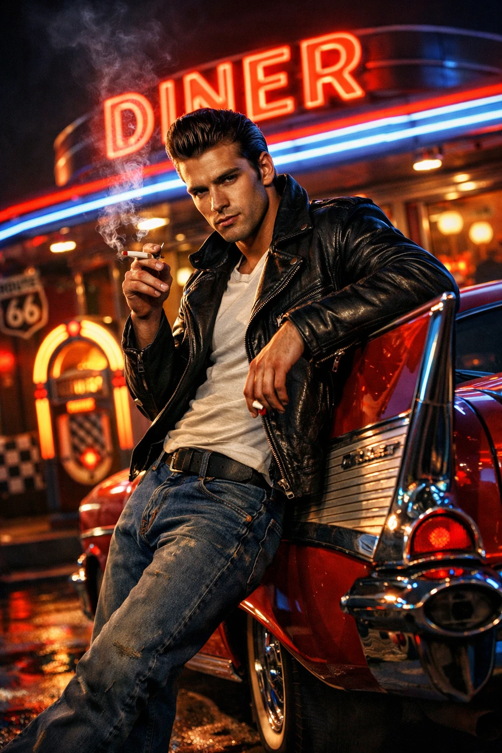 Rebel man with classic car by neon diner at night