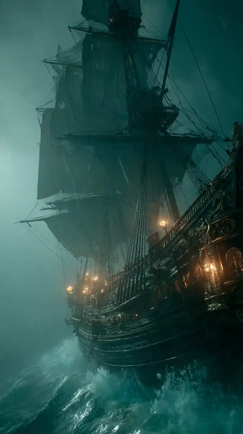 Epic ghost pirate ship battling waves in a storm
