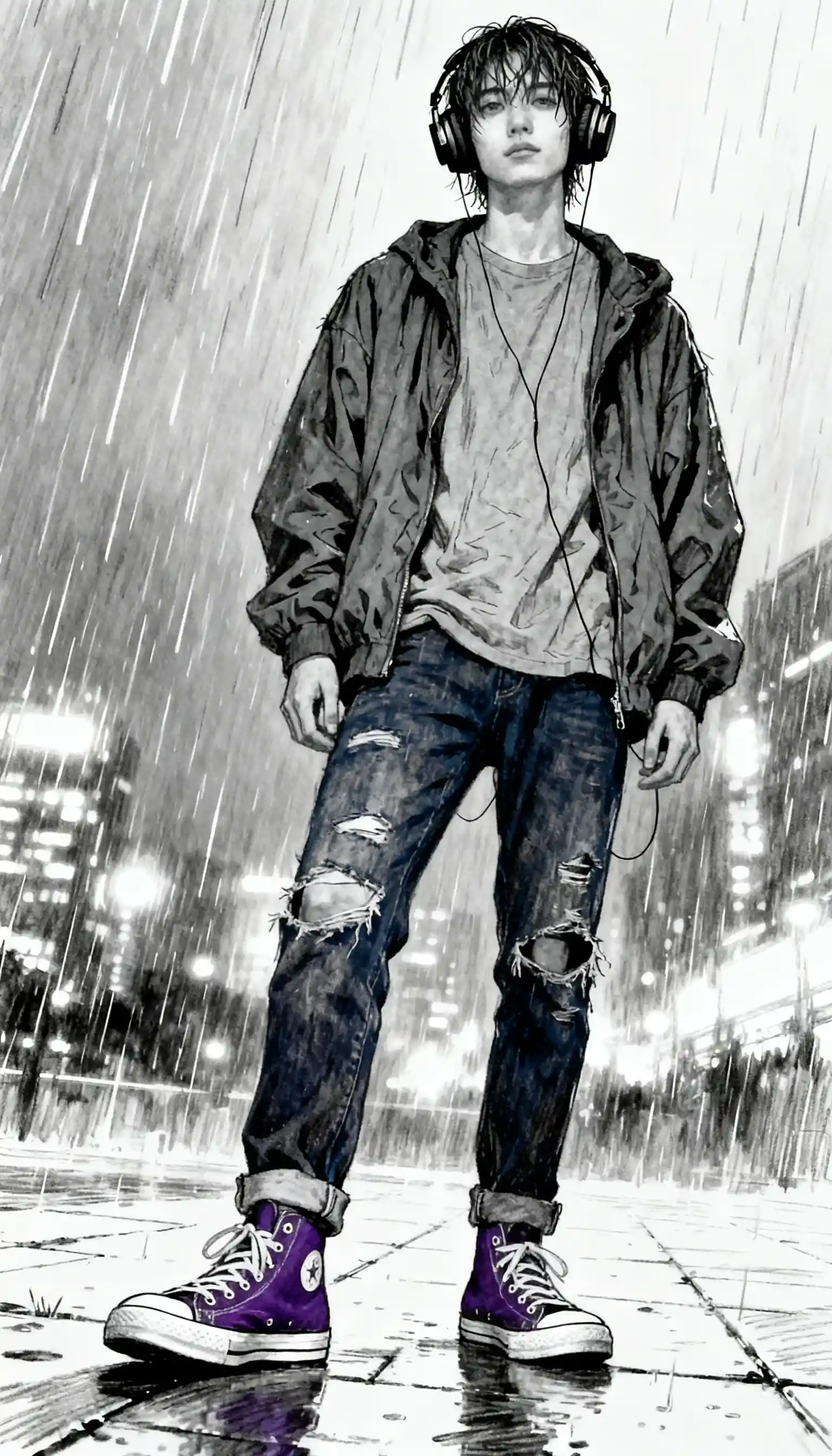 Young man in the rain on a moody city street