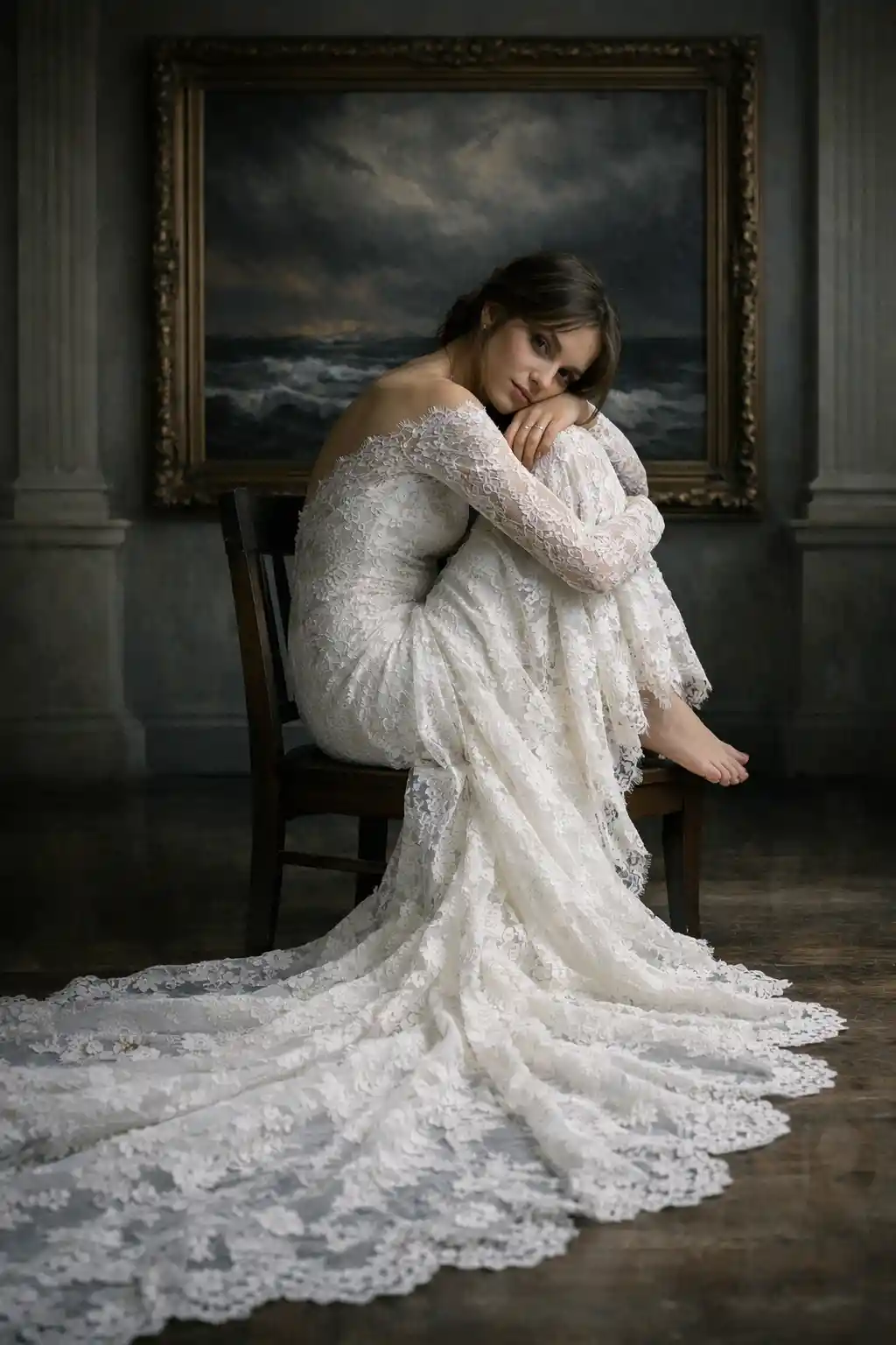Bride in lace gown seated by stormy seascape painting