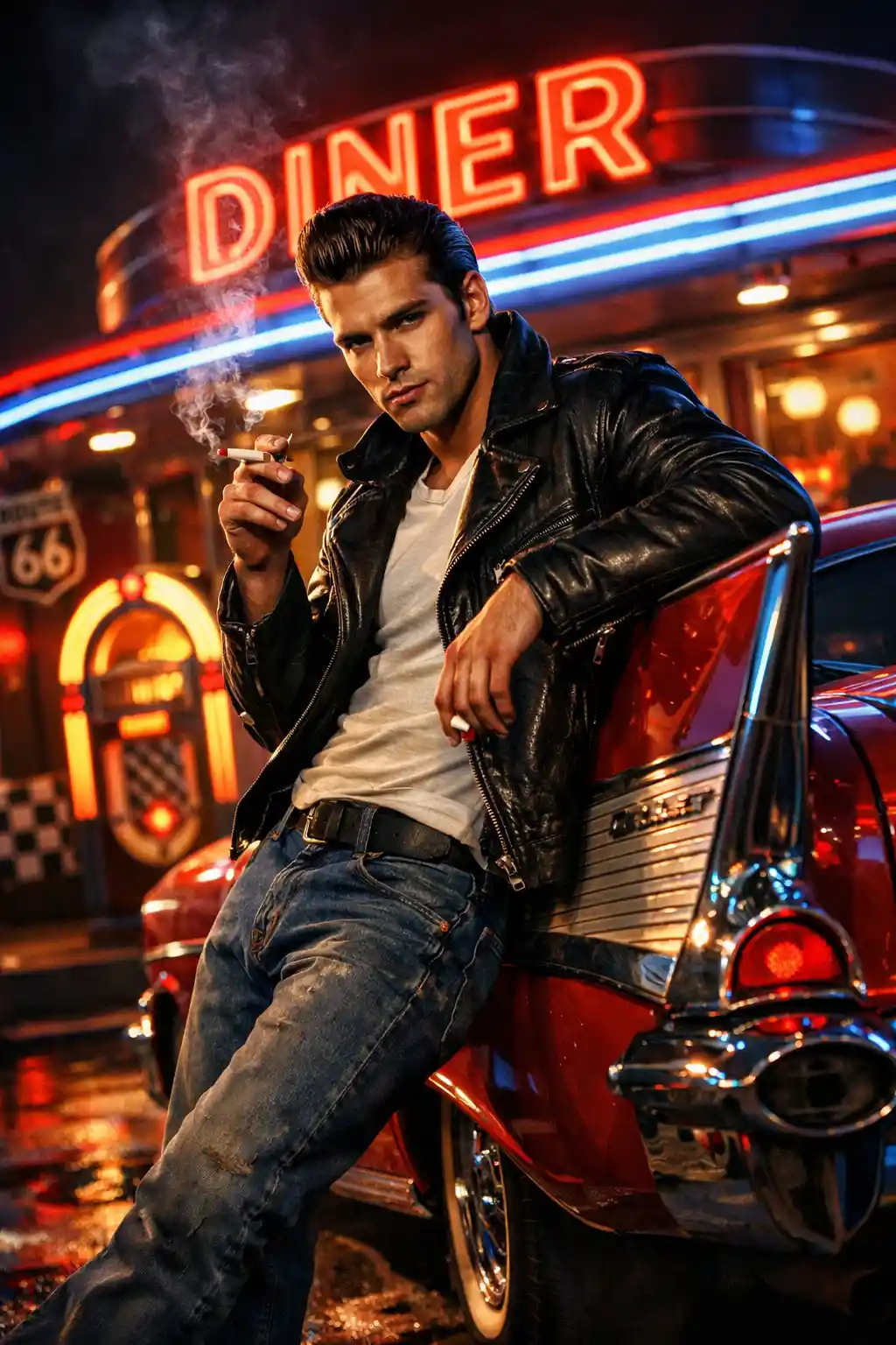 Rebel man with classic car by neon diner at night