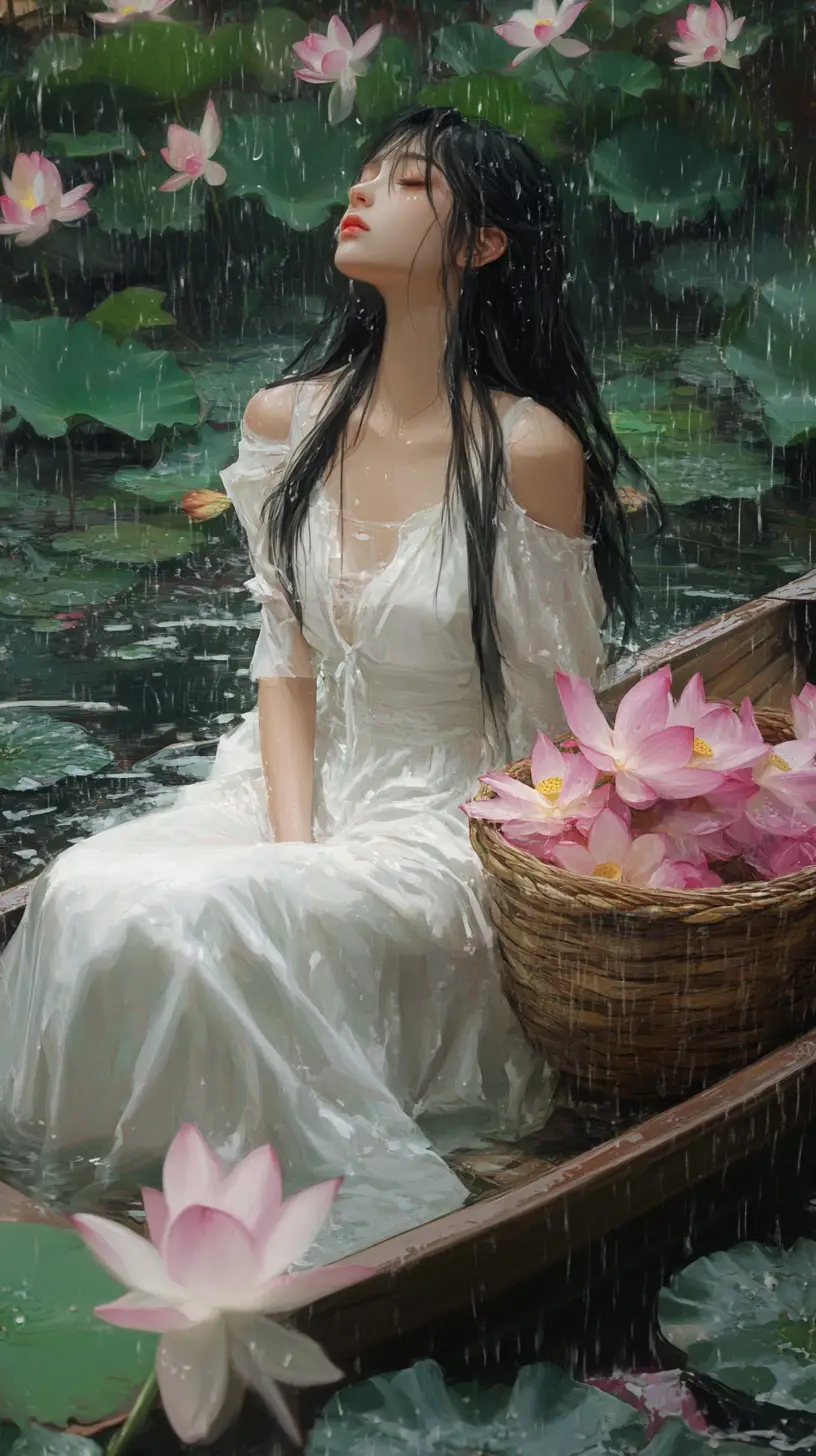 Girl in white dress on a lotus boat in rain