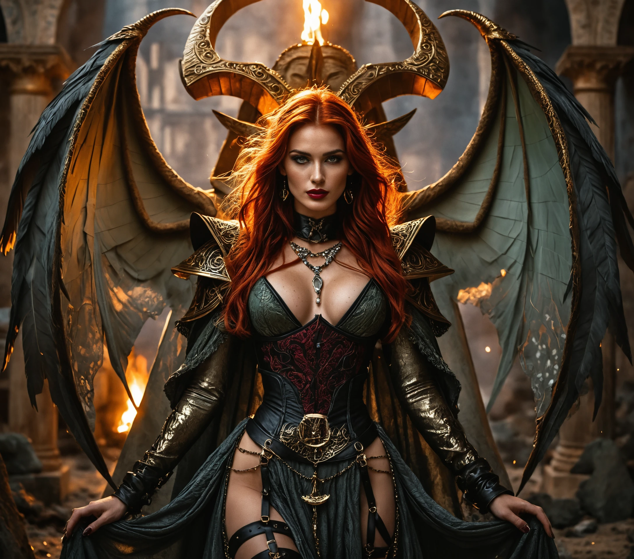 Noir femme fatale angel in desert temple ruins