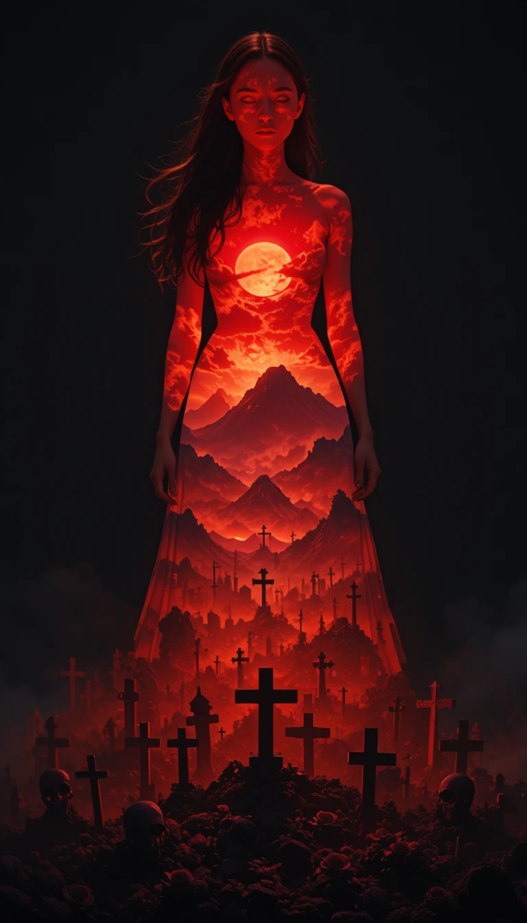 Silhouetted woman filled with fiery cemetery landscape