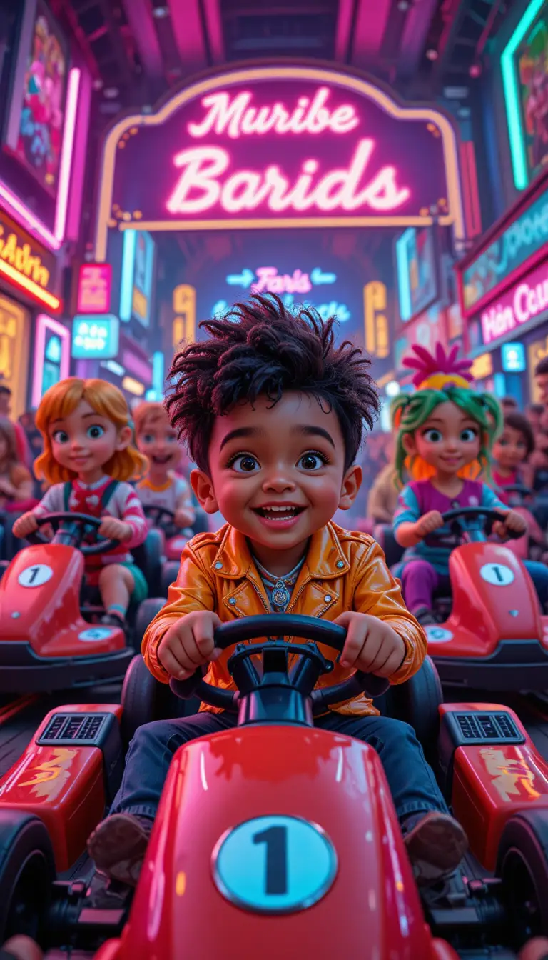 Playful child outside neon nightclub in cartoon style