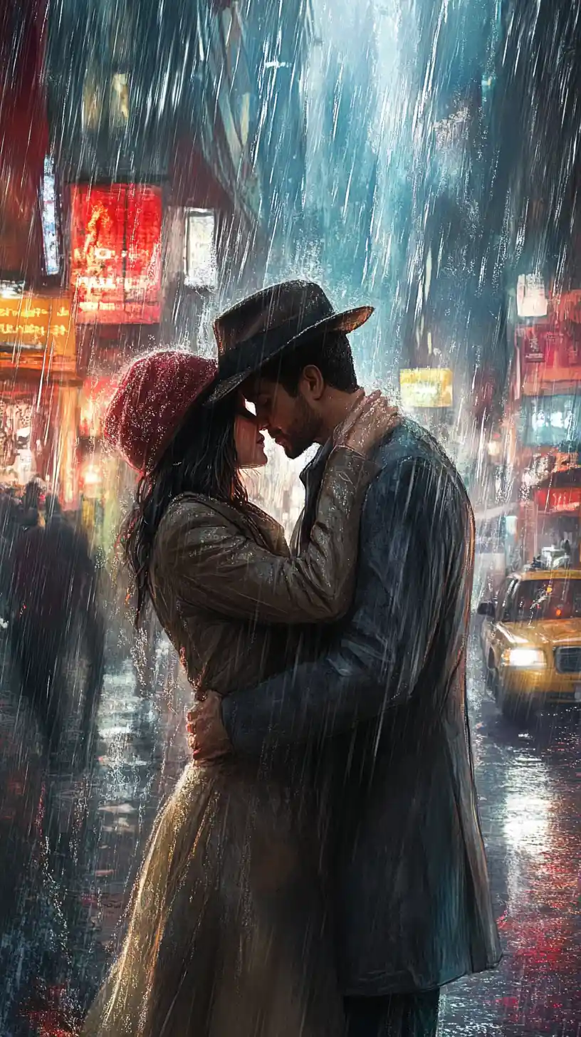 Romantic couple kissing under rain on a city street