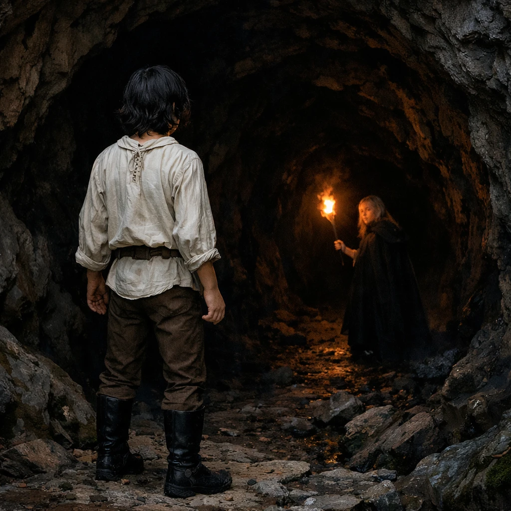 Niño en la entrada de una cueva oscura en la montaña