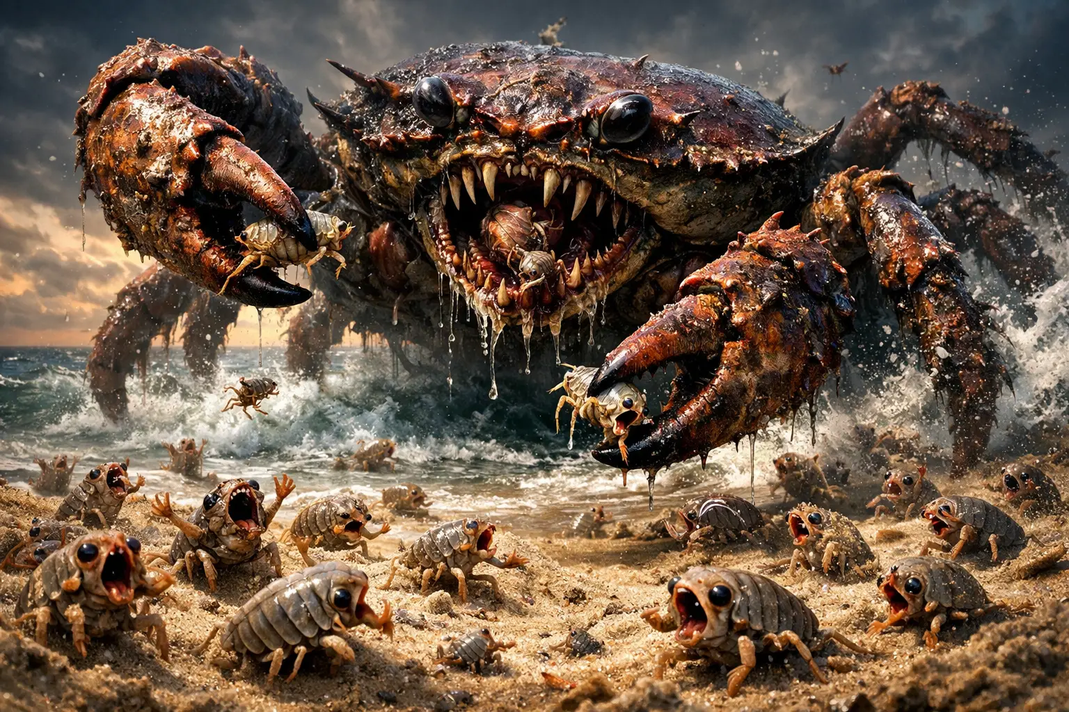 Terrifying crab emerging from the ocean onto a sandy beach