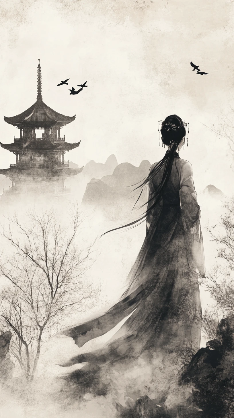Mujer etérea con hanfu ante montañas brumosas y pagoda