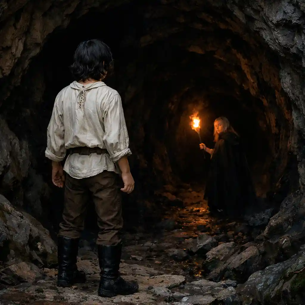 Ragazzo all’ingresso di una grotta oscura in montagna