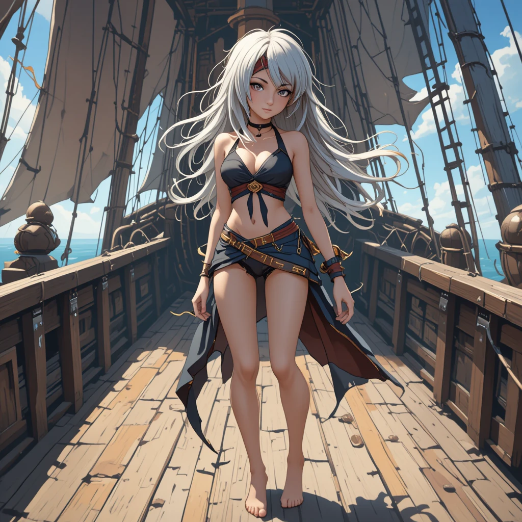 Anime-Piratenfrau auf dem Schiffsdeck in der Meeresbrise