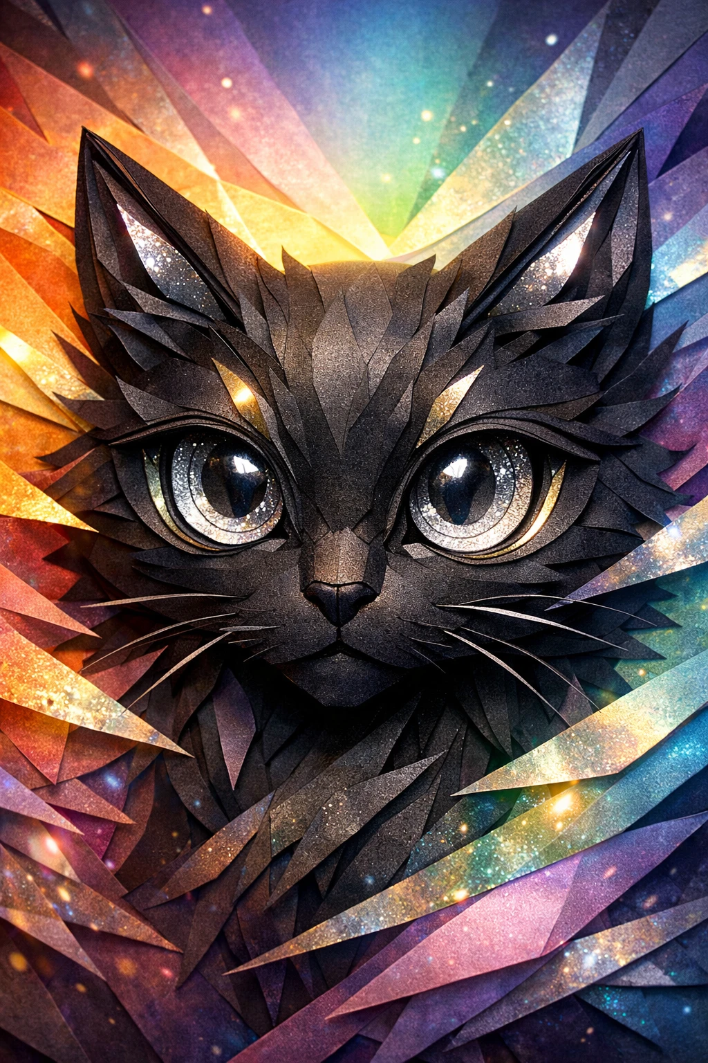 Close up papercraft black cat face with silver eyes