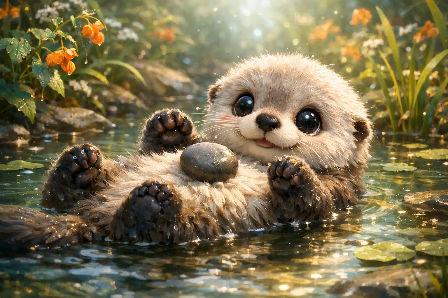 Cute baby river otter floating on its back with pebble
