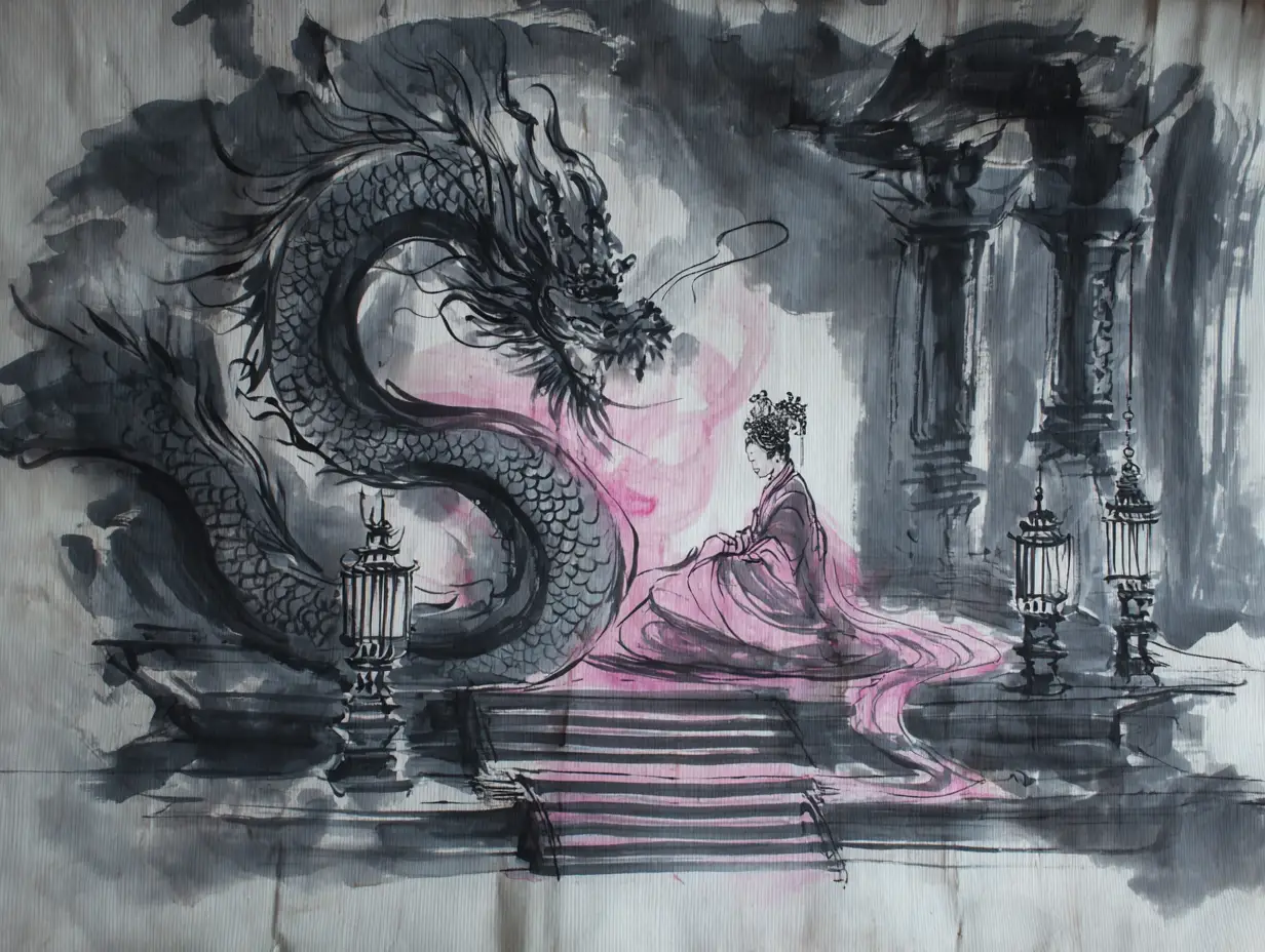 Chinese empress meditating on a golden dragon throne