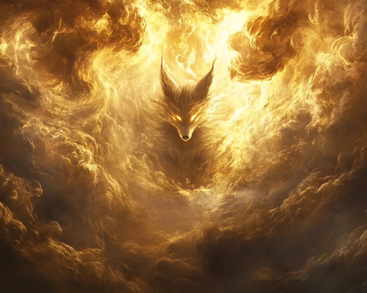 Majestic golden cloud fox emerging from swirling sky