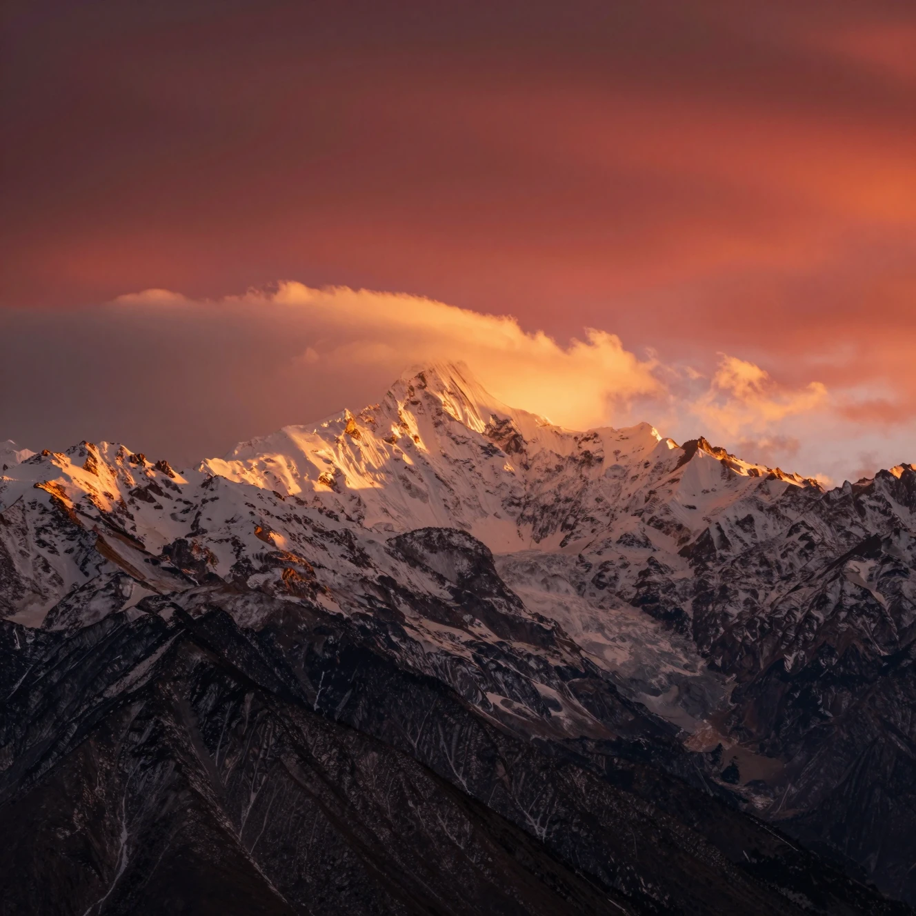 Majestic mountain peaks glowing in a red sunset sky
