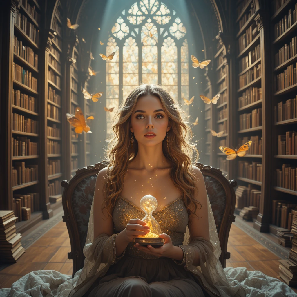 Serene woman with hourglass in endless floating book library