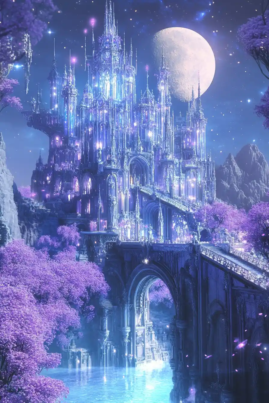 Palazzo di cristallo su una luna crescente nello spazio profondo