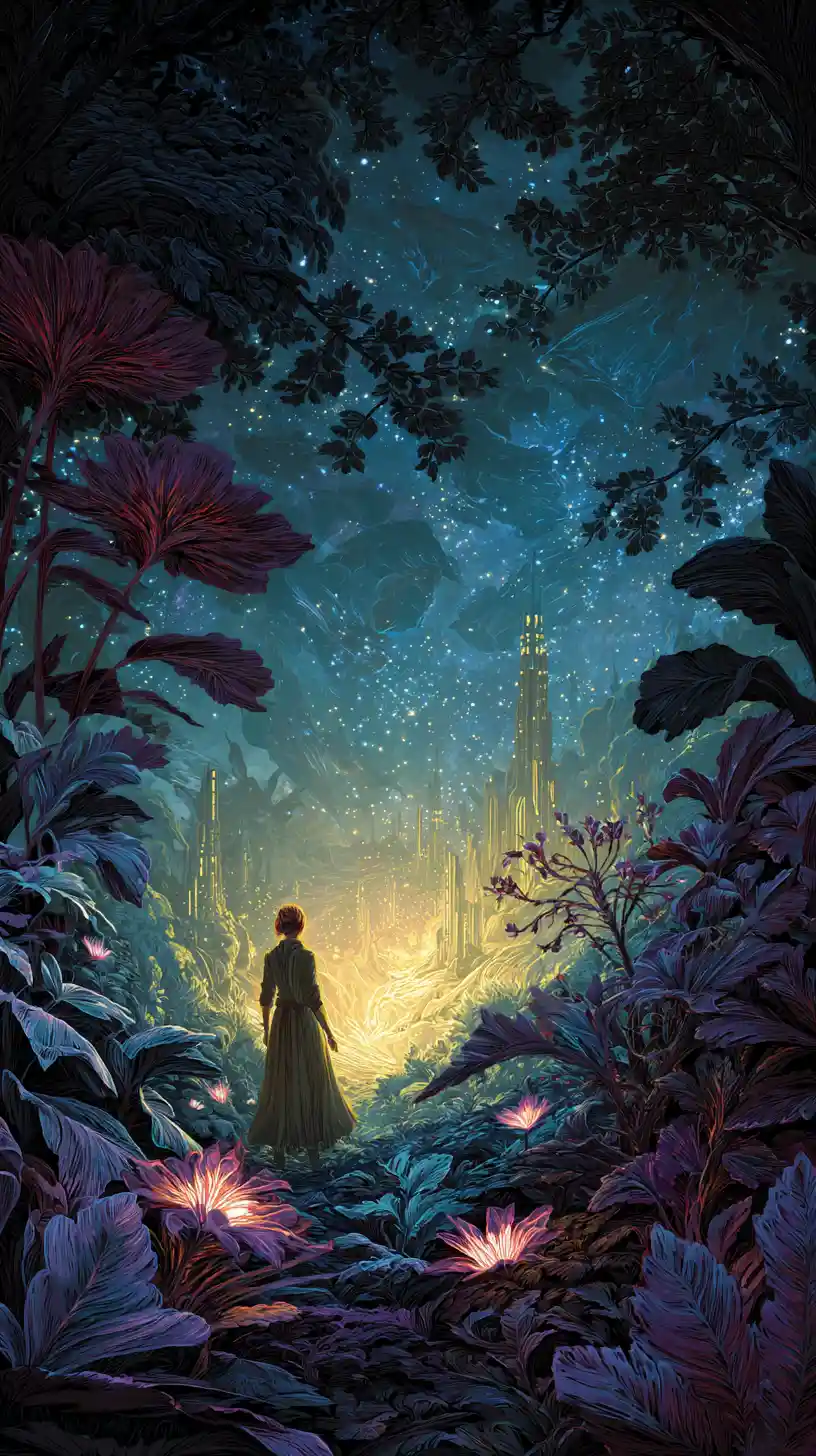Donna mistica fantasy davanti a uno sfavillante skyline futuristico
