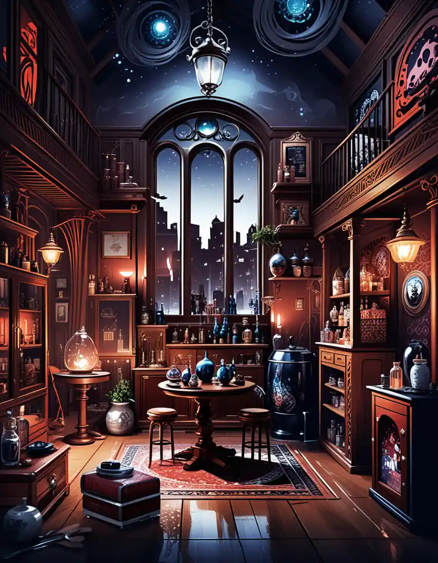 Fantasy merchant house diorama with exposed interior rooms