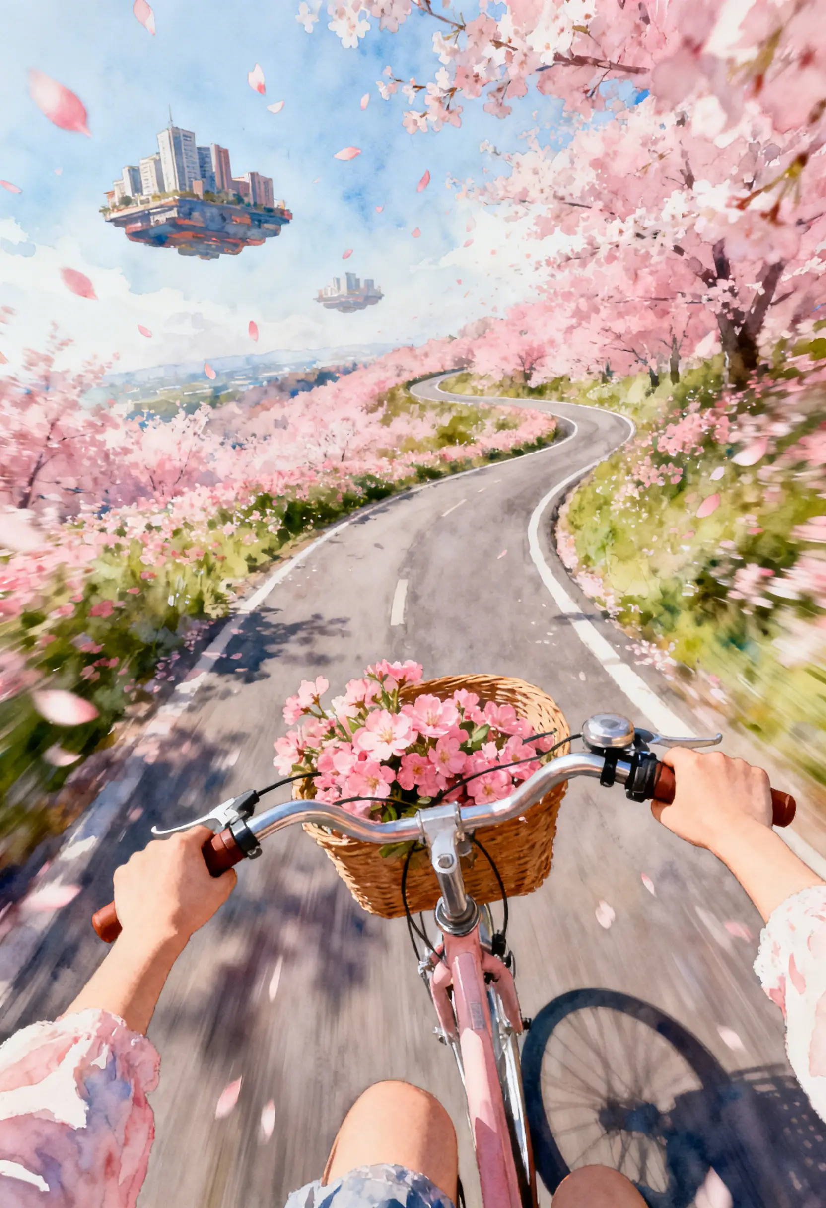 First person view of girl cycling through pink flower field